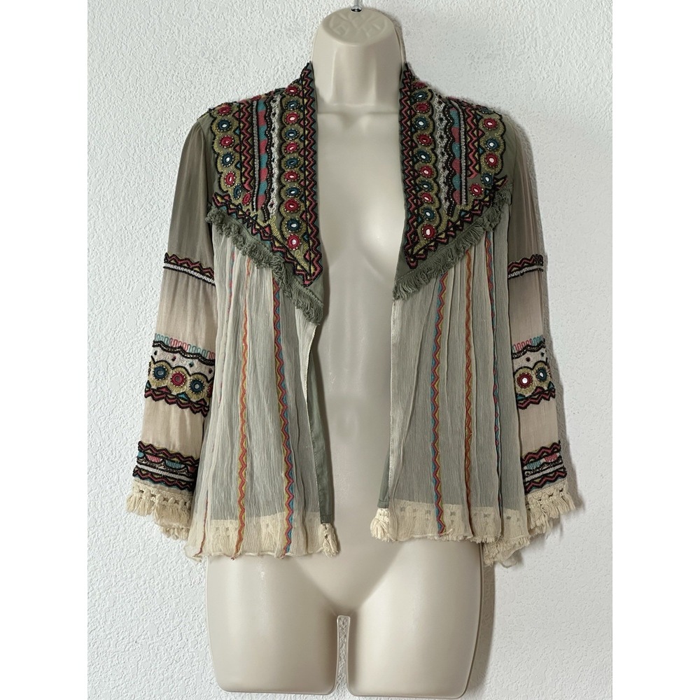 Jacket Small Open Embroidered Beaded Fringe Boho Hippie Festival Gypsy Artsy